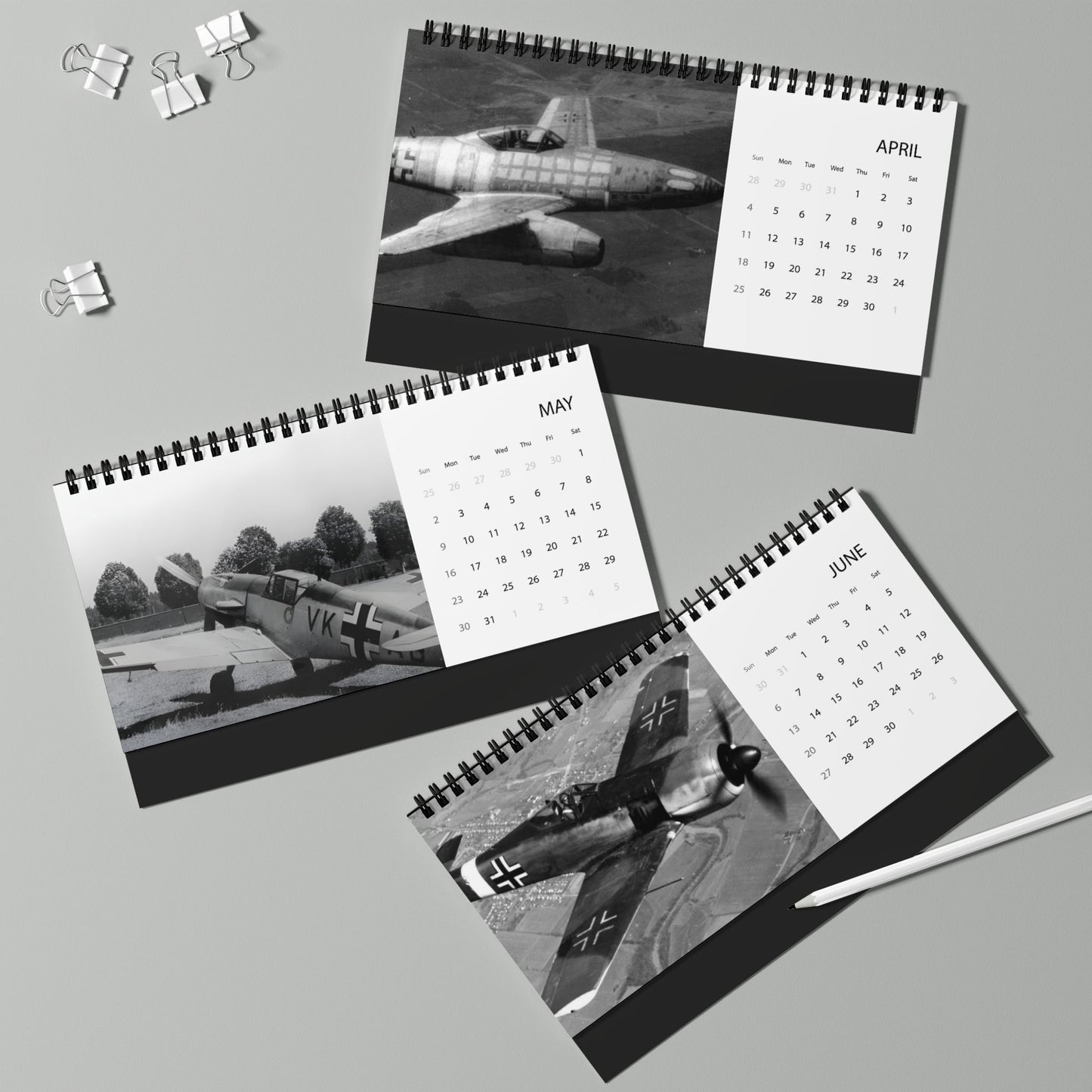 Vintage WW2 Black & White Aircraft 2027 Desktop Calendar