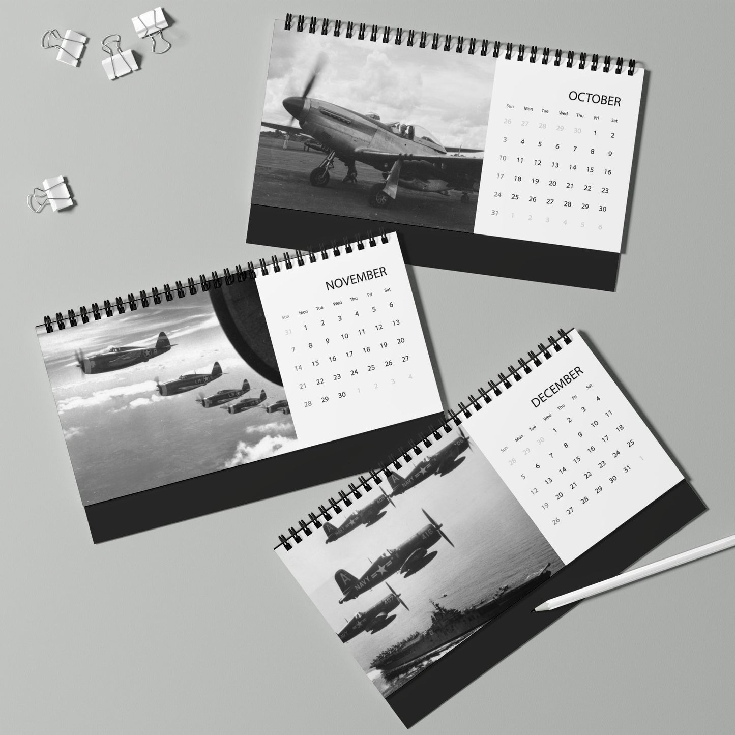 Vintage WW2 Black & White Aircraft 2027 Desktop Calendar