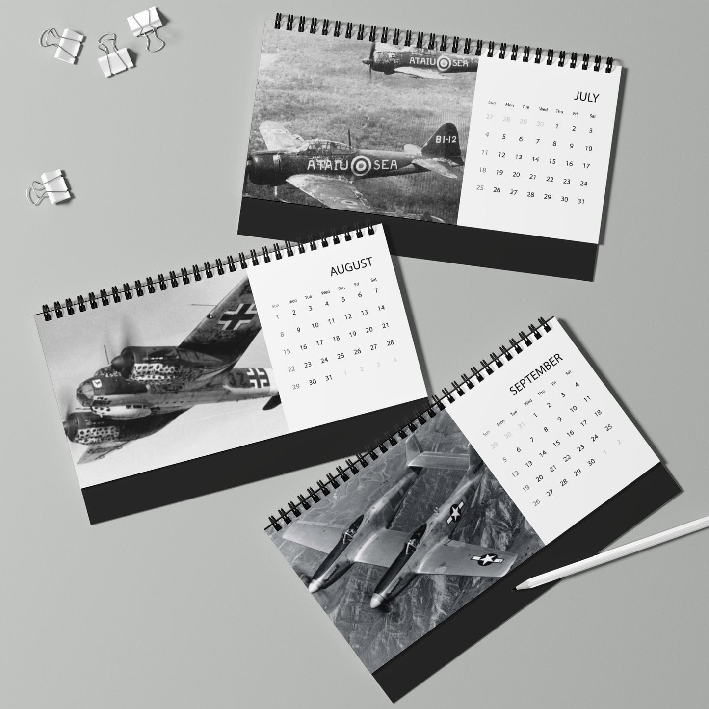 Vintage WW2 Black & White Aircraft 2027 Desktop Calendar