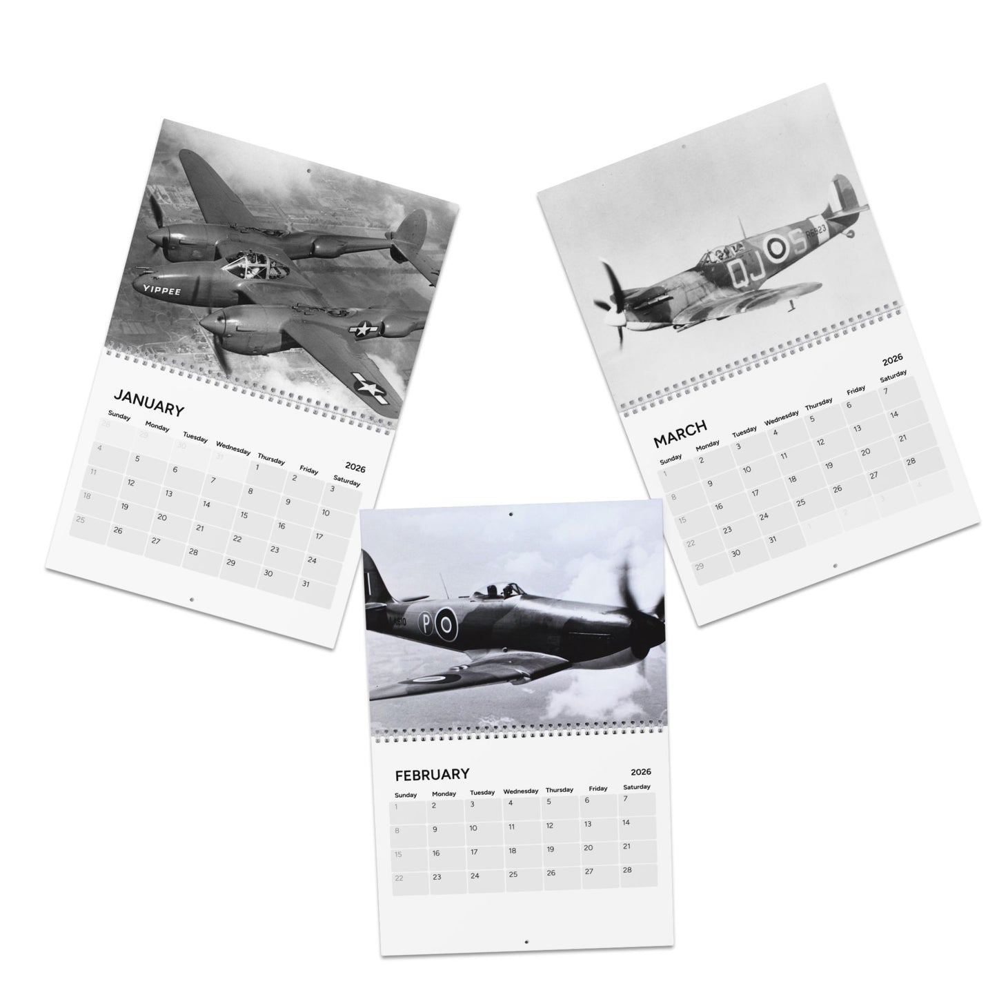 Vintage World War 2 Black and White Aircraft 2026 (Grid Style) Calendar