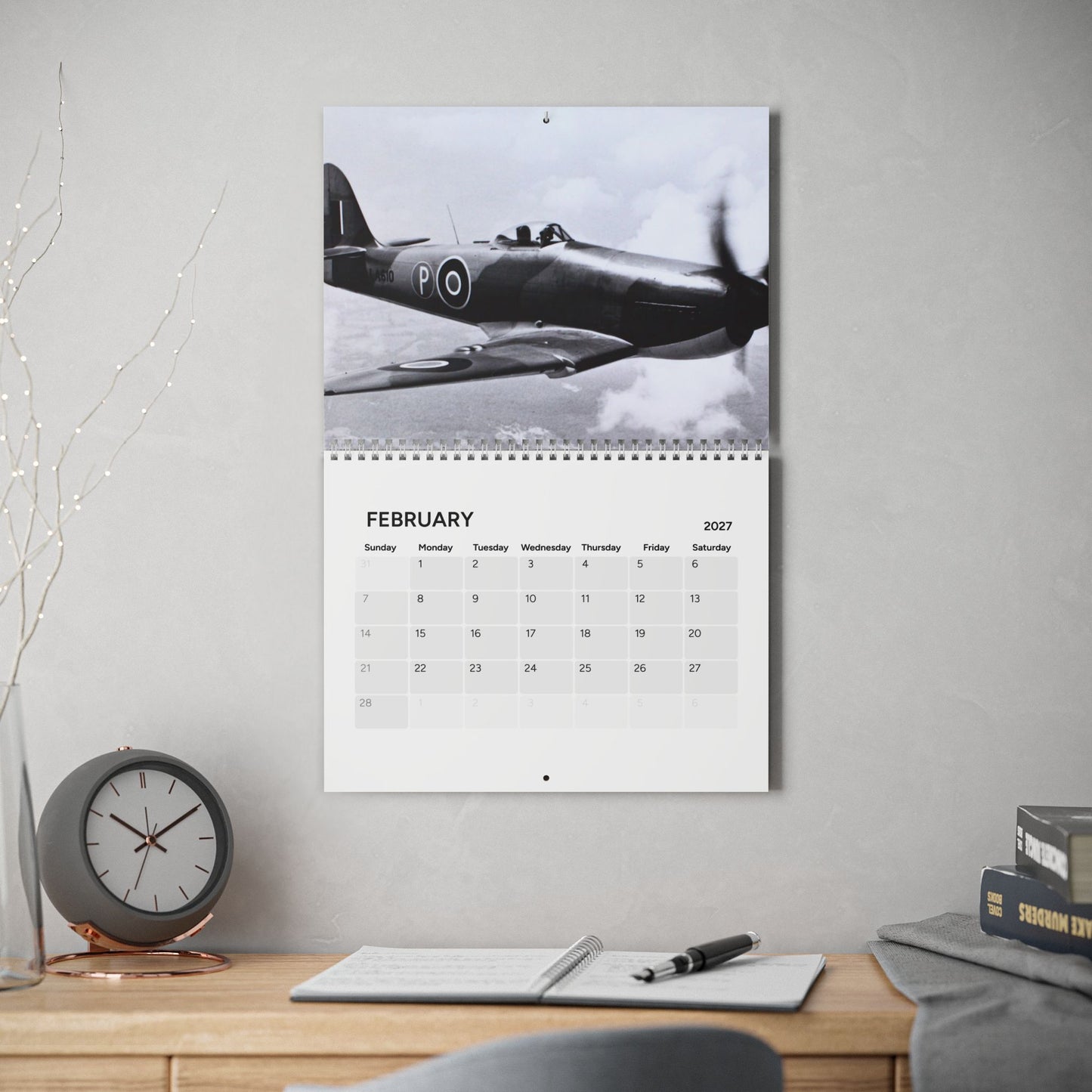 Vintage WW2 Black & White Aircraft 2027 Wall Calendar