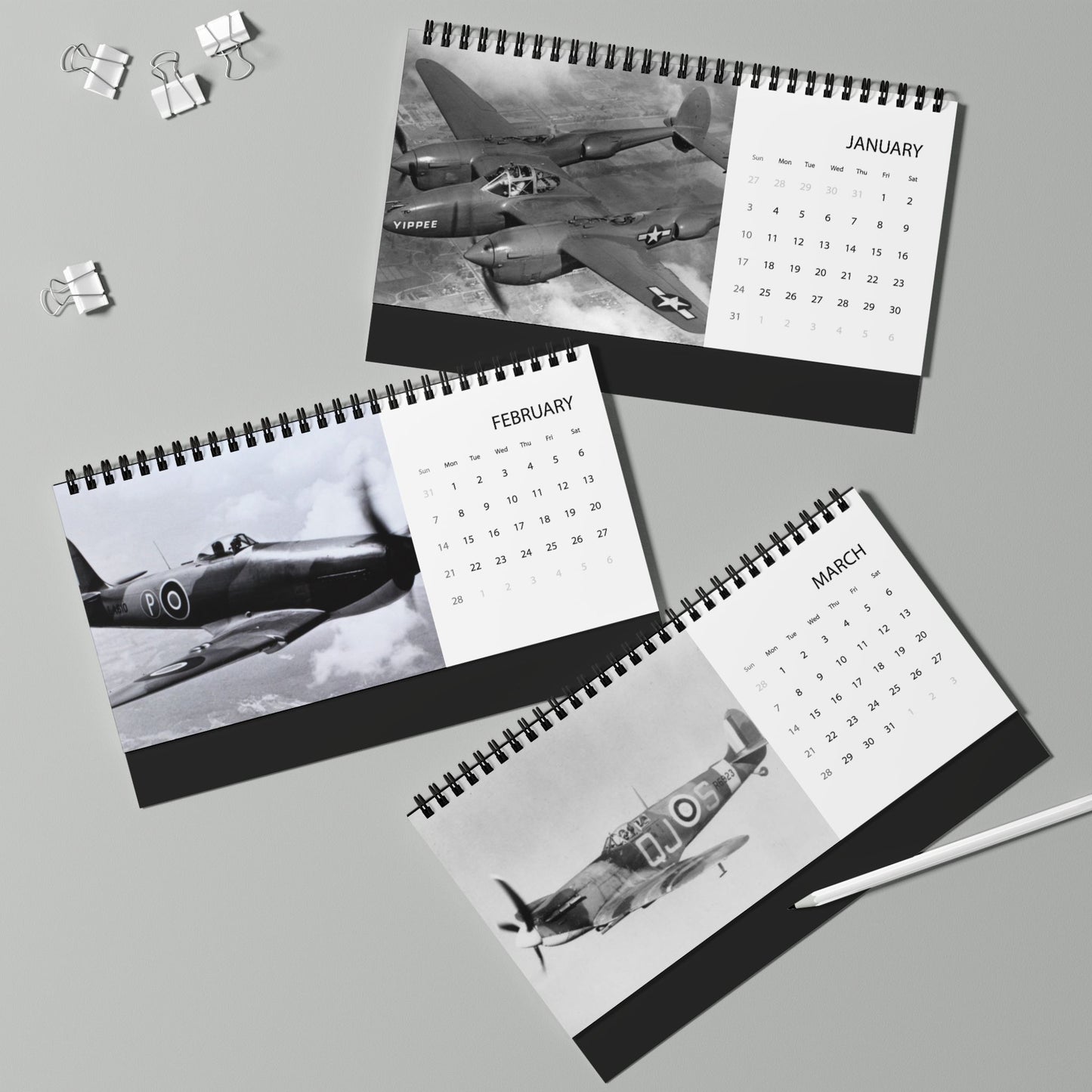 Vintage WW2 Black & White Aircraft 2027 Desktop Calendar