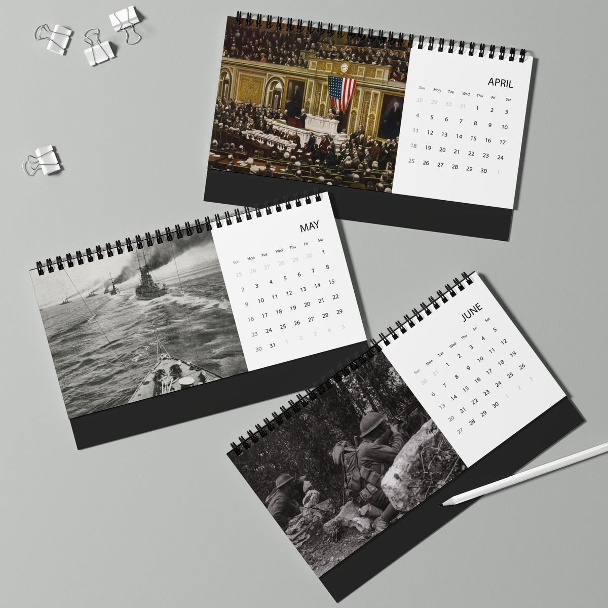 War History Desktop Calendar 2027 — World War I Vintage Photo Grid Calendar